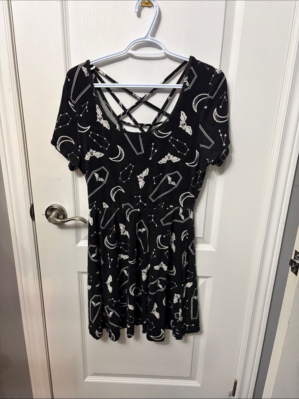 Black Moon & Bat Print Crisscross-Back Midi Dress